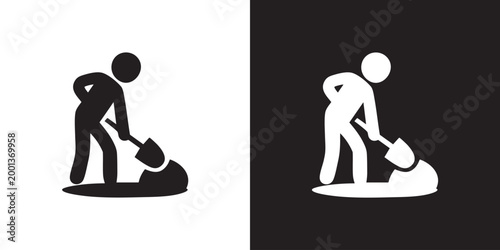 Minimalist Digging Icon with Stylized Person Using Shovel on Circular Ground Object in Black and White