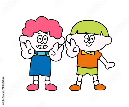 仲良し男の子のイラスト（ピース）（ベクター）