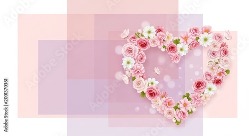 Pink and white floral heart wreath with butterflies on a soft pastel background.