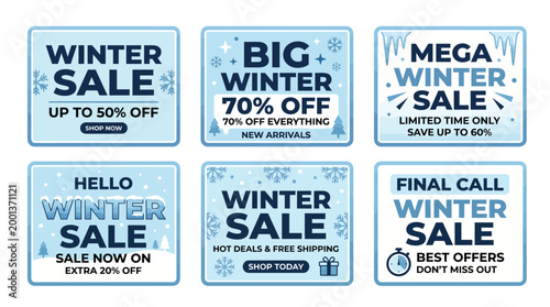 Winter sale poster set vector with discount banner holiday flyer and retail promotion templates