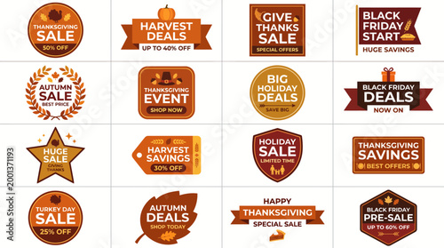 Autumn sale badges collection vector set with thanksgiving discount labels black friday promo tags and retail stickers