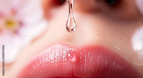 Close up of pink lip gloss droplet falling onto moisturized lips with floral background