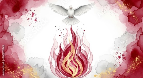 White dove descends above abstract red watercolor flames and ink splatters
