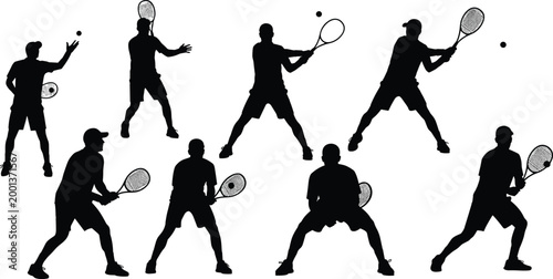 Foto Set of tennis player silhouettes showing serve, forehand and backhand actions, s