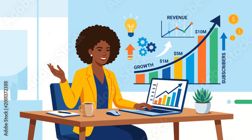 African businesswoman with laptop at desk celebrating financial growth and business success