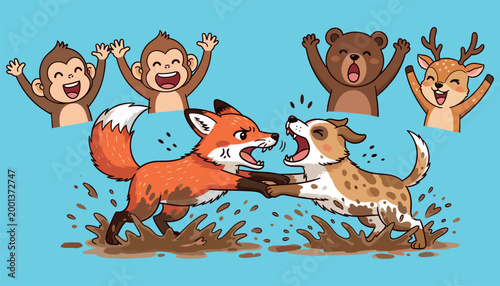 Bild auf Leinwand Angry Cartoon Fox and Dog Fighting in Mud Puddle with Cheering Monkey Bear and D