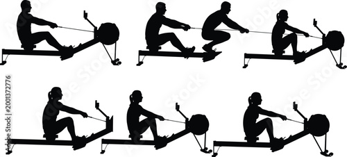 Set of rowing machine workout silhouettes showing exercise sequence, fitness training activity collection isolated for sport, gym and healthy lifestyle design