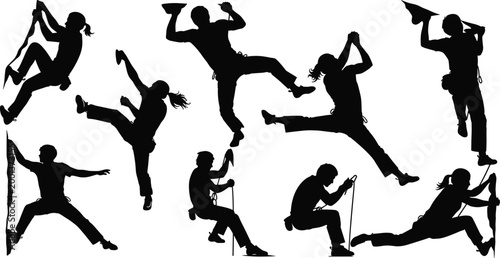 Set of rock climbing silhouettes with dynamic poses, rope techniques and mountaineering actions isolated for adventure sport and outdoor activity design
