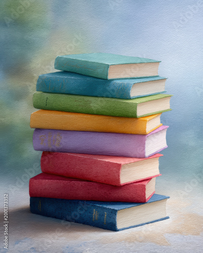 Watercolor painting of a tall stack of colorful books on a soft blue background. Artistic illustration for education, library, and reading concept.