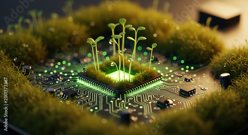 Glowing green microchip in a mossy circuit board