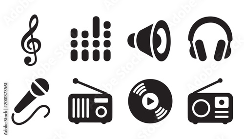 Fotografía Music and audio icons treble clef equalizer speaker headphones microphone radio and record