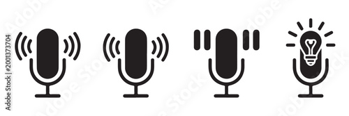 Foto Four microphone icons, showing audio waves, quotation marks and a bright idea lightbulb