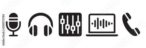 Multimedia recording equipment icon set with microphone headphones fader and workstation.