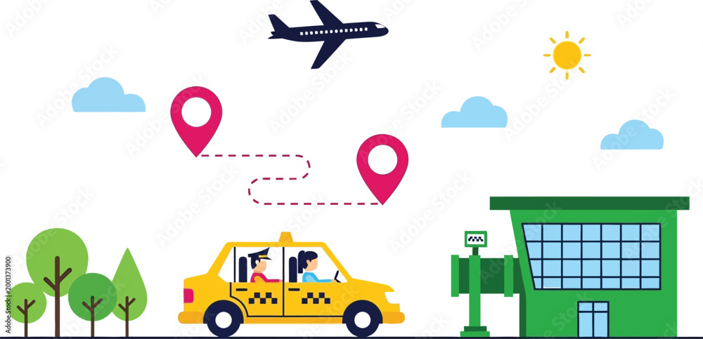 Fototapeta premium Vector illustration of a taxi traveling to an airport with pin locations