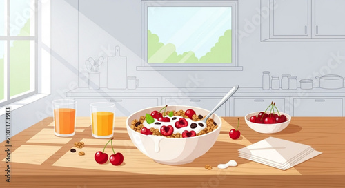 Healthy breakfast bowl with cereal yogurt and fresh cherries served with orange juice on a wooden table morning sunlight