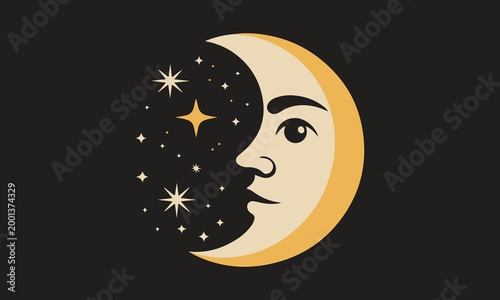 Mystical crescent moon face with stars vector