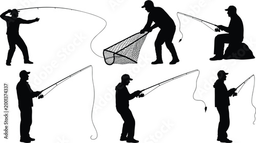 Set of fishing silhouettes featuring anglers casting rods and using nets, outdoor activity collection isolated for sport and recreation design
