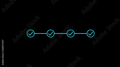 4 step infographic process with check mark icon animation. Animated Timeline Infographic Showing Step-by-Step Process success with check marks. Looping progress checkpoints.