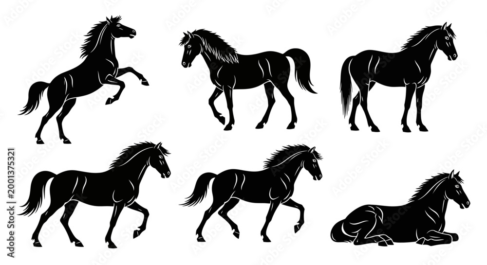Fototapeta premium Set of Black Horse Silhouettes in Various Poses: Standing, Rearing, Walking, Lying Down