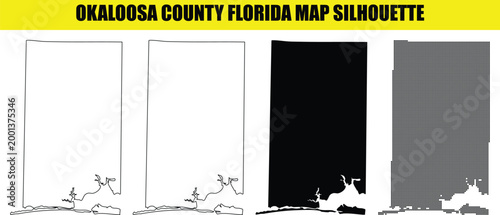 Okaloosa county florida map silhouette featuring panhandle region outlines with coastal inlets and dot pattern vector assets.