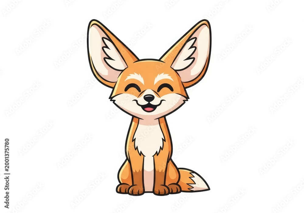 Fototapeta premium Cute Smiling Cartoon Fennec Fox Sitting on White Background