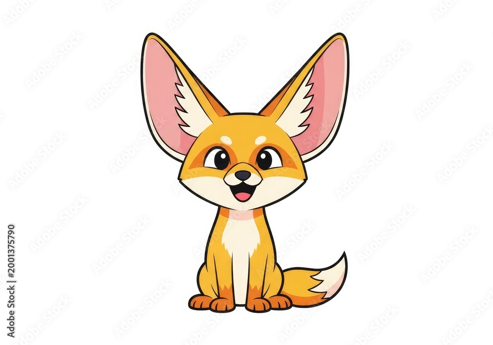 Fototapeta premium Cute Cartoon Fennec Fox Sitting on White Background