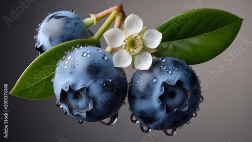 Close-up of fresh blueberries with water droplets and white flower