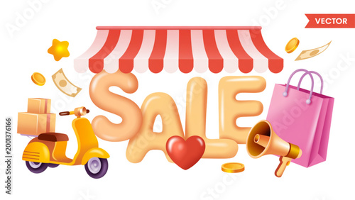 Schilderij op canvas Sale banner with colorful items and red sale tag Vector