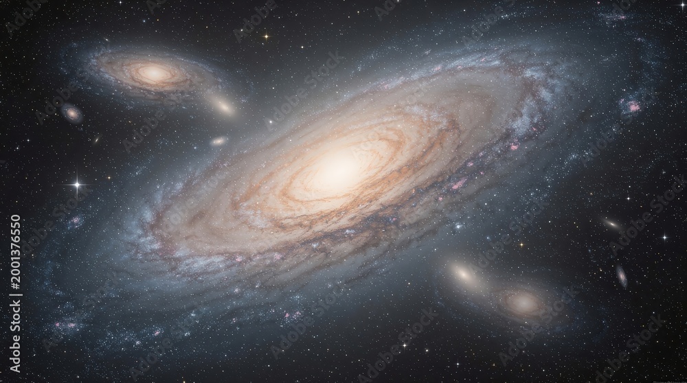 Fototapeta premium A stunning view of the Andromeda Galaxy with swirling stars, cosmic dust, and smaller neighboring galaxies in deep space.