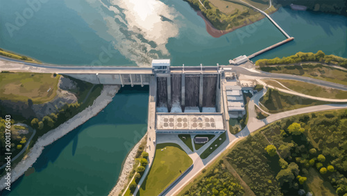 Aerial view of a large hydroelectric dam and power station on a river, showing the reservoir, spillway, and surrounding green landscape with roads