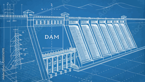 Blueprint illustration of a large hydroelectric dam with water flowing over the spillways, featuring technical architectural lines and structural details