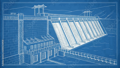 Blueprint style illustration of a large hydroelectric dam with a power station building, featuring a concrete wall structure and electrical transmission towers