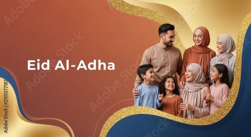 Muslim family celebrating Eid Al-Adha in traditional clothing, posing happily together against a textured background with gold glitter accents.