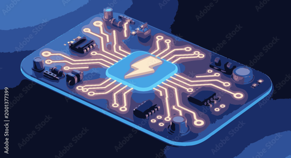 Obraz premium Isometric circuit board with a glowing lightning bolt icon