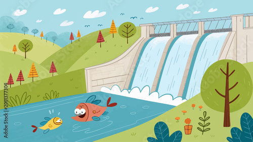 Cartoon illustration of a dam on a river with two happy fish swimming in the water, surrounded by green hills, trees, and a blue sky
