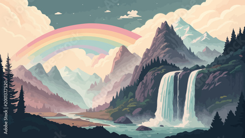 Majestic mountain landscape with waterfall and rainbow at sunset, serene nature scenery with pine forest and flowing river, digital illustration