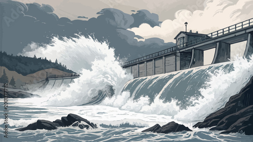 Dynamic illustration of a powerful dam with massive water rushing over its spillway, creating large waves and spray in a dramatic natural landscape