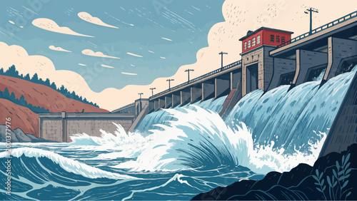 Illustration of a large hydroelectric dam with water rushing over the spillway, creating powerful waves and splashes in a stylized graphic art style
