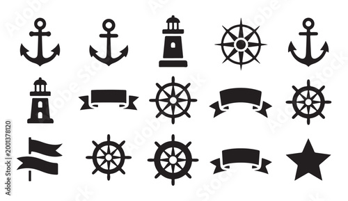 Set of nautical icons including anchors steering wheels lighthouses flags and star shapes.