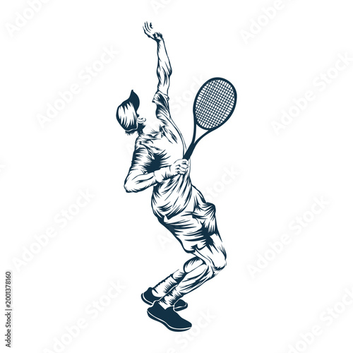 Silhouette-style illustration of a male tennis player executing a serve