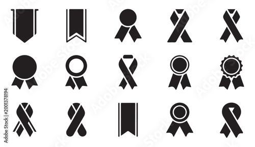 Set of black award ribbons and medal icons for professional design isolated on white.
