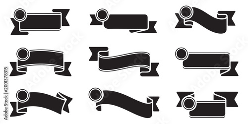 Set of decorative black banners with circular icons for badges or brand identity elements.