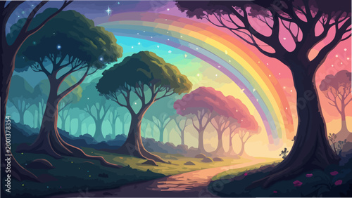 Enchanted fantasy forest landscape with a vibrant rainbow arching over a magical path through colorful trees, whimsical digital art illustration
