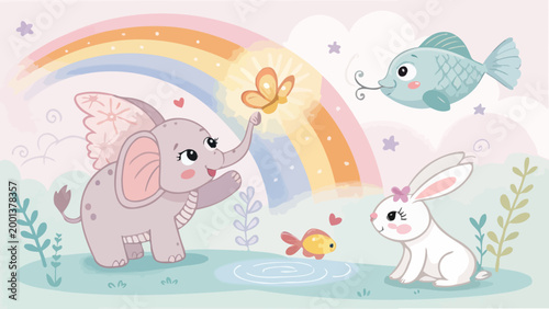 Cute whimsical nursery illustration with a flying elephant, rabbit, fish, and a colorful rainbow in a magical pastel landscape