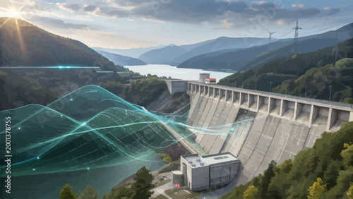 Smart hydroelectric power plant dam with digital data flow visualization in a mountain landscape at sunset