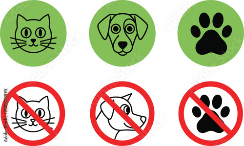 Pet allowed and prohibited signs set with dog, cat, and paw icons, green approval and red prohibition symbols, flat vector illustration for rules and guidelines design