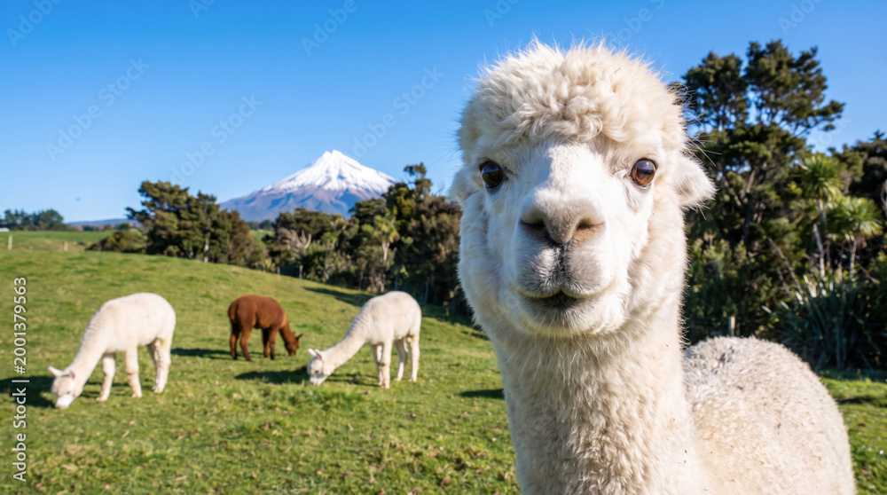 Obraz premium Curious alpaca in New Zealand pasture with Mount Taranaki, rural landscape and farm animal. 