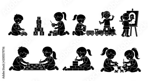 Set of Children Playing and Engaging in Creative Activities Silhouettes