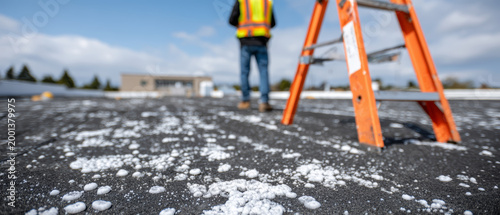 Hail roof damage inspector ladder construction safety worker insurance assessment Hail damage roof inspector ladder construction safety worker
