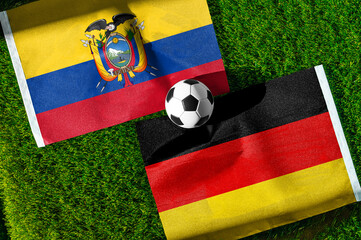Ecuador vs Germany, national flags before world championship Group E group stage match, football on green pitch with goal in the background, East Rutherford, USA, June 25, 2026